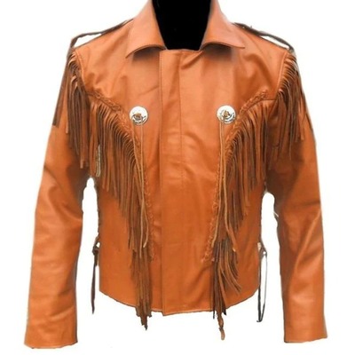 Handmade men's tan style leather fringe jacket