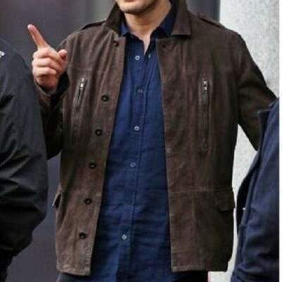 Handmade men's leather & suede brown pocket button jacket