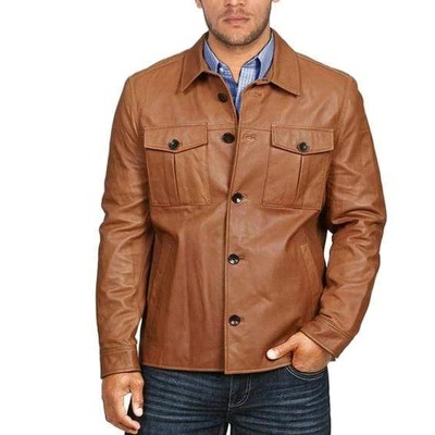 Handmade men's long sleeve stylish brown double pocket button jacket