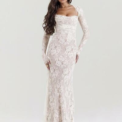 Vintage long sleeve shrug floral lace sleeveless evening maxi dress,1732