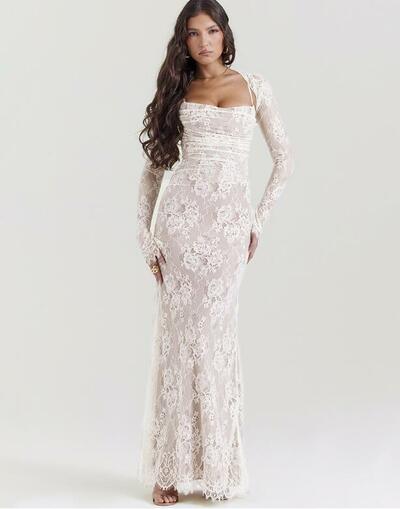 Vintage Long Sleeve Shrug Floral Lace Sleeveless Evening Maxi Dress,1732