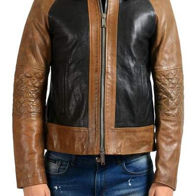 Handmade men's brown black leather fashion double pocket zipper jacket - Thumbnail 2