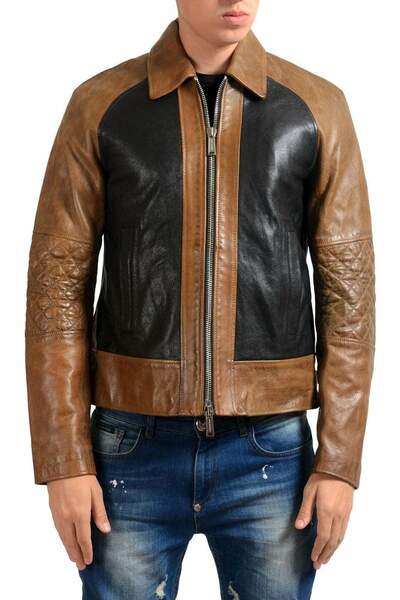 Handmade Men's Brown Black Leather Fashion Double Pocket Zipper Jacket