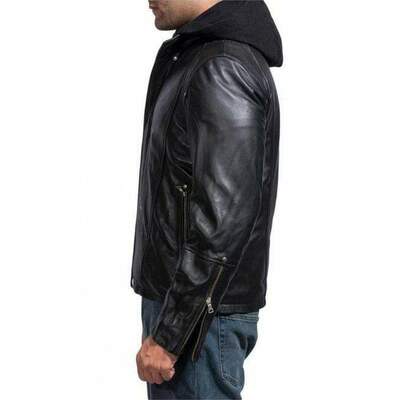 Handmade men's black leather zipper pocket biker jacket