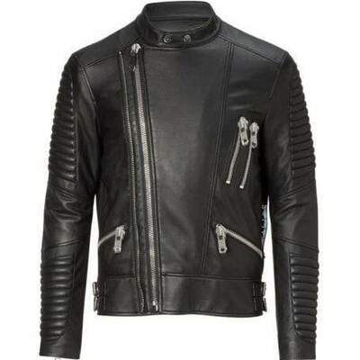 Handmade men's leather black zipper biker fashion jacket