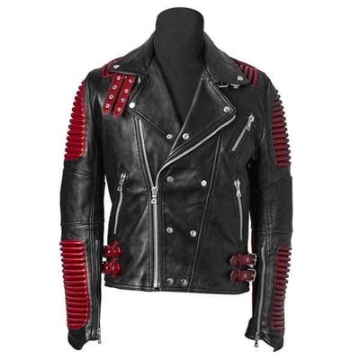 Handmade men's red black leather fashion double pocket zipper jacket