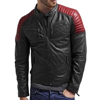 Handmade Men's Red Black Leather Fashion Double Pocket Zipper Jacket - Thumbnail 1