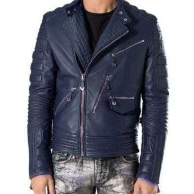 Men's navy blue leather handmade zipper fashion jacket