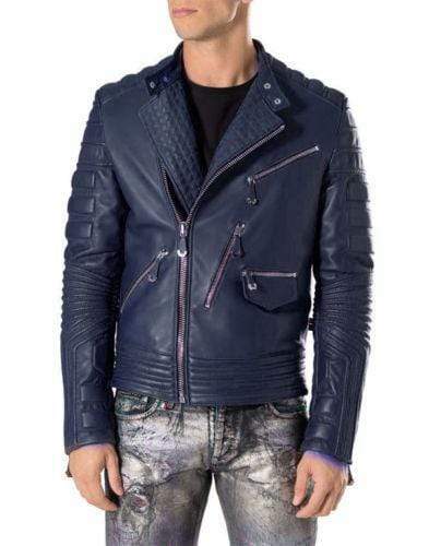 Men's Navy Blue Leather Handmade Zipper Fashion Jacket