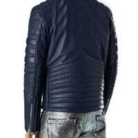 Men's Navy Blue Leather Handmade Zipper Fashion Jacket - Thumbnail 1
