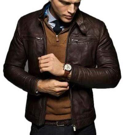 Handmade Men's Brown Leather Jacket Fashion Pocket Jacket