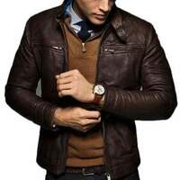 Handmade Men's Brown Leather Jacket Fashion Pocket Jacket - Thumbnail 1