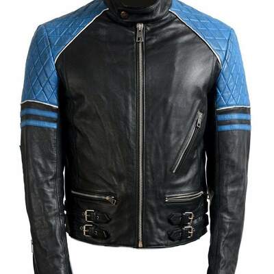 Handmade men's blue black leather fashion double pocket zipper jacket