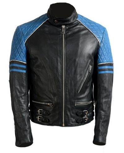 Handmade Men's Blue Black Leather Fashion Double Pocket Zipper Jacket