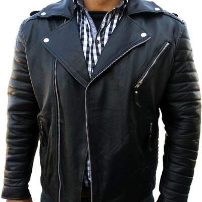 Handmade men's black leather fashion zipper pocket jacket