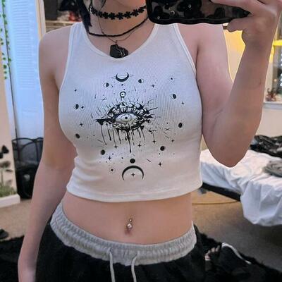 Punk crescent moon star white vest crop top