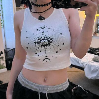 Punk Crescent Moon Star White Vest Crop Top