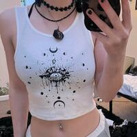Punk Crescent Moon Star White Vest Crop Top - Thumbnail 1