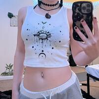 Punk Crescent Moon Star White Vest Crop Top - Thumbnail 2