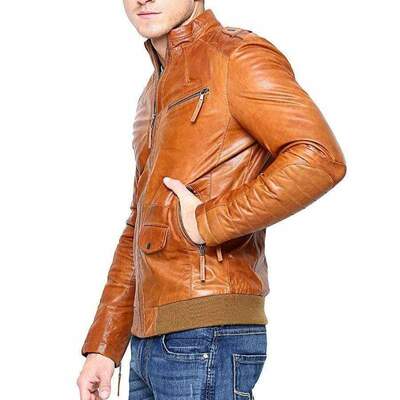 Handmade Men's Tan Leather Slim Fit Biker Zipper Fashion Jacket