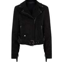 Handmade Men's Black Zipper Fringe Suede Belted Fashion Jacket - Thumbnail 1