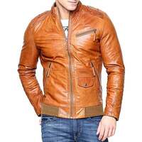 Handmade Men's Tan Leather Slim Fit Biker Zipper Fashion Jacket - Thumbnail 1