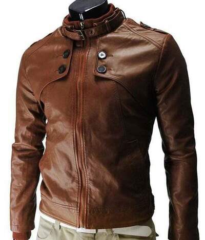 Handmade Men's Slim Fit Brown Leather Button Fashion Zipper Jacket