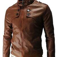 Handmade Men's Slim Fit Brown Leather Button Fashion Zipper Jacket - Thumbnail 1