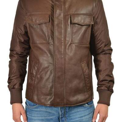 Handmade men's brown leather fashion pocket zipper jacket
