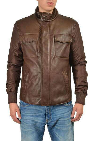 Handmade Men's Brown Leather Fashion Pocket Zipper Jacket
