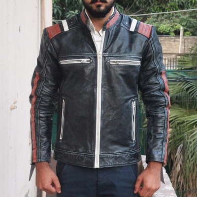 Handmade men's leather black biker fashion pocket zipper jacket