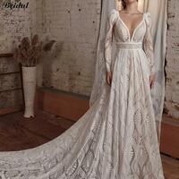 Sexy Bohemian Boho Wedding Dress with Detachable Long Sleeve A Line Beach Deep V Neck Lace Backless Spaghetti Straps Bridal Gown,1735 - Thumbnail 1