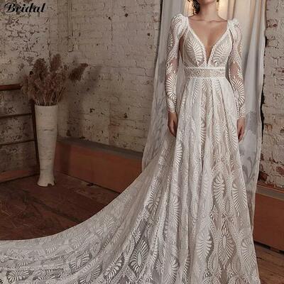 Sexy bohemian boho wedding dress with detachable long sleeve a line beach deep v neck lace backless spaghetti straps bridal gown,1735 - Thumbnail 1
