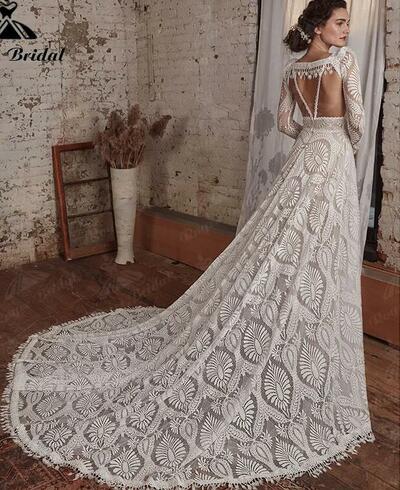 Sexy Bohemian Boho Wedding Dress with Detachable Long Sleeve A Line Beach Deep V Neck Lace Backless Spaghetti Straps Bridal Gown,1735