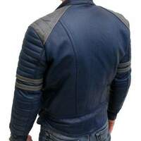 Handmade Men's Navy Blue Gray Fashion Leather Zipper Jacket - Thumbnail 1