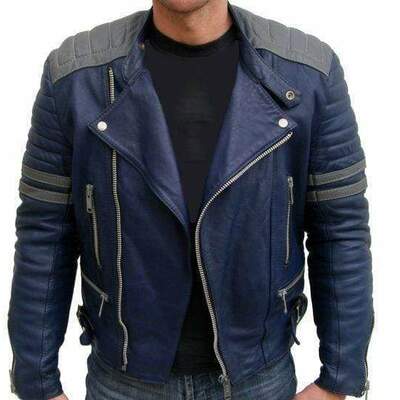 Handmade men's navy blue gray fashion leather zipper jacket