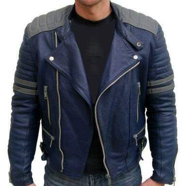 Handmade Men's Navy Blue Gray Fashion Leather Zipper Jacket