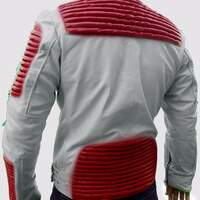 Handmade Men's Fashion White Red Pocket Leather Jacket - Thumbnail 1