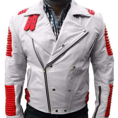 Handmade men's fashion white red pocket leather jacket