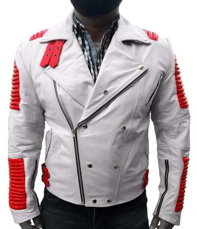 Handmade Men's Fashion White Red Pocket Leather Jacket