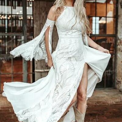 Split side lace boho off shoulder wedding dress with detachable sleeve 2024 bohemian bridal gown,1736