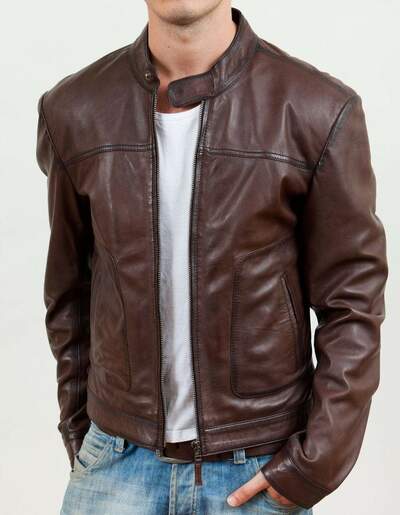 Handmade Men's Brown Leather Biker Zipper Pocket Fashion Jacket