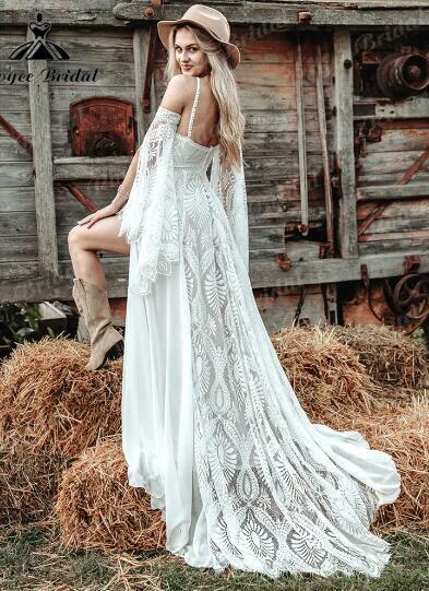 Split Side Lace Boho Off Shoulder Wedding Dress with Detachable Sleeve 2024 Bohemian Bridal Gown,1736