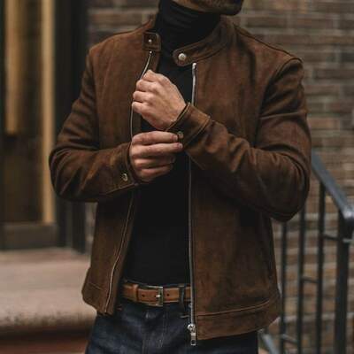 Handmade Men's Brown Suede Biker Fashion Zipper Jacket