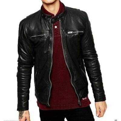 Handmade men's black fashion leather zipper biker jacket