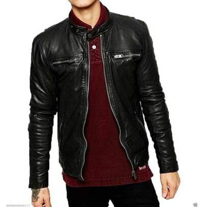 Handmade Men's Black Fashion Leather Zipper Biker Jacket