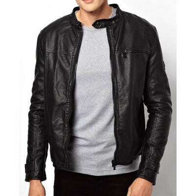 Handmade men's black pockets fashion leather zipper biker jacket