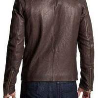 Handmade Men's Brown Pockets Fashion Leather Zipper Biker Jacket - Thumbnail 1