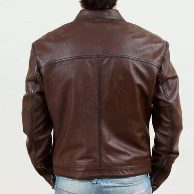 Handmade men's brown pockets fashion leather zipper biker jacket