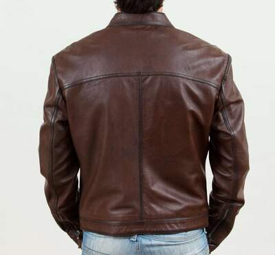 Handmade Men's Brown Pockets Fashion Leather Zipper Biker Jacket